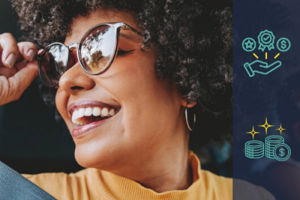 Woman in car smiling with icons of members-only rewards on the right side of image