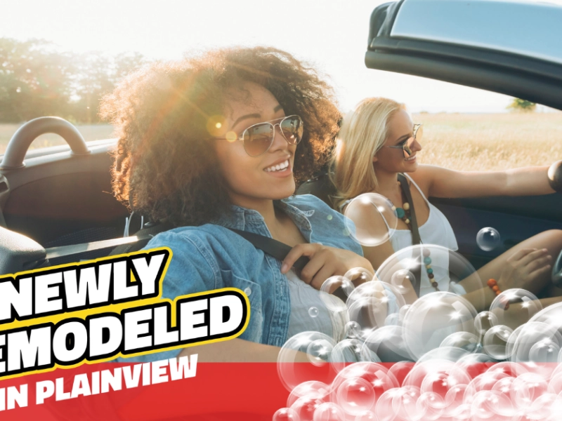 Two women driving in a clean convertible with text that reads "Newly Remodeled in Plainview" and bubble graphic