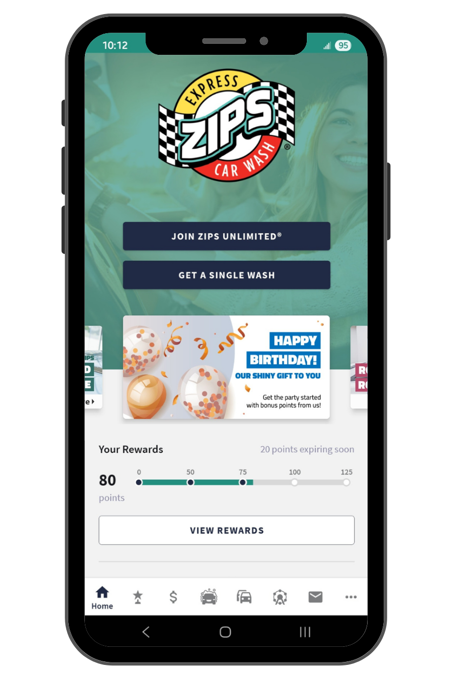 ZIPS Car Wash mobile app screenshot featuring rewards points and offers